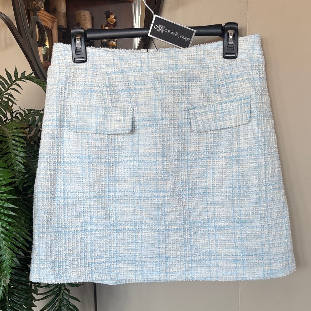 Brand New Cable & Gauge Baby Blue & White Tweed Checked Mini Skirt Pull On Lined